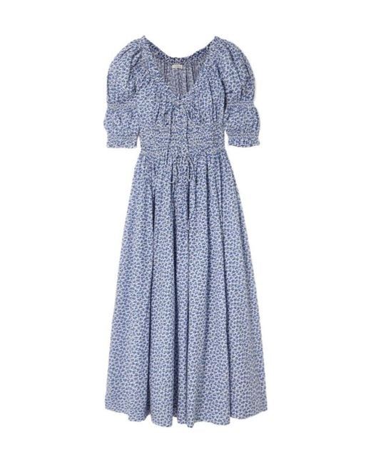 Doen Blue Ischia Shirred Floral-Print Organic Cotton-Voile Midi Dress