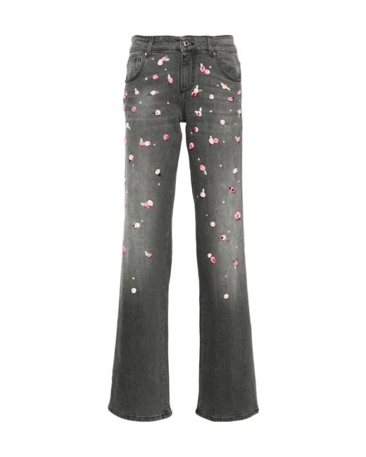 Blumarine Gray Embroidered-Roses Wide-Leg Jeans