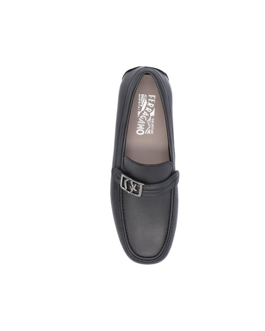 Ferragamo Black Leather Driver Loafers for men