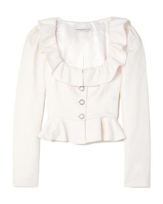 Alessandra Rich White Embellished Ruffled Cropped Wool-Crepe Jacket