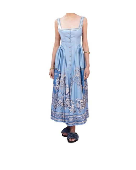 ALÉMAIS Blue Villa Romantica Buttoned-Floral Midi Dress