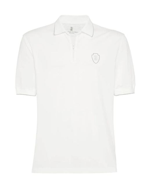 Brunello Cucinelli White Zipped Logo Polo Shirt for men