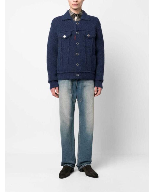DSquared² Blue Ribbed Knit Buttoned Jacket for men