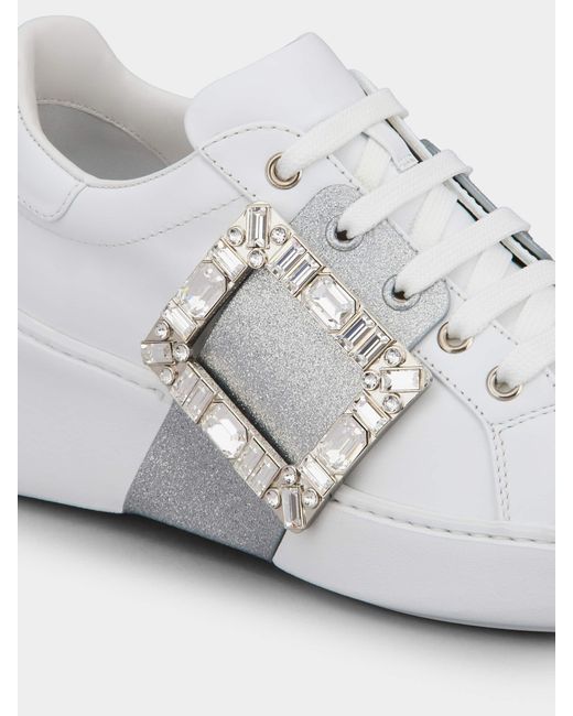 Roger Vivier White Viv' Skate Glitter Embellished Buckle Sneakers