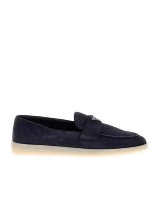 Prada Blue Logo Plaque Almond Toe Loafers for men