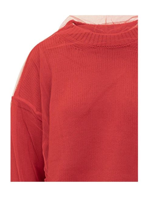 MSGM Red Crew Neck Tulle-Overlay Jumper