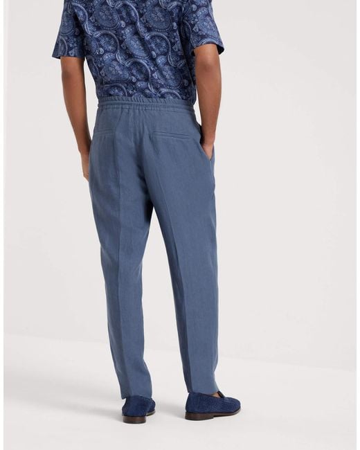 Brunello Cucinelli Blue Linen Straight-Leg Trousers for men