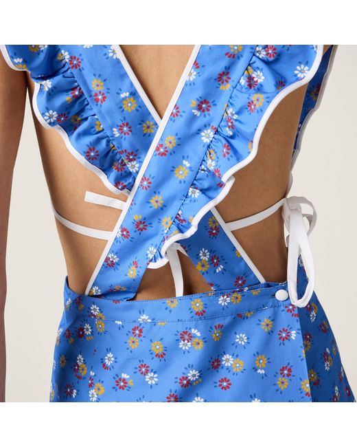 Miu Miu Blue Cotton Floral Pinafore Midi Dress
