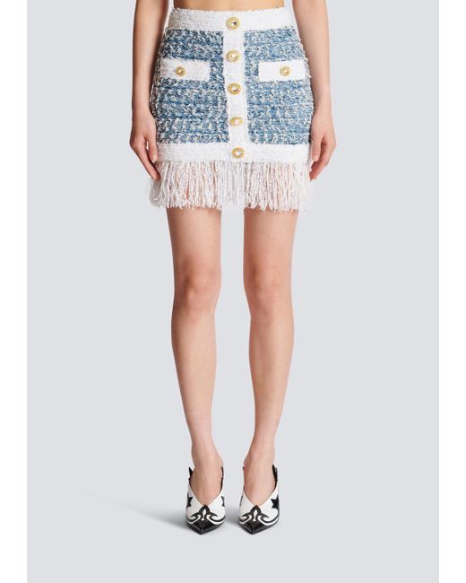 Balmain Blue Buttoned Denim Fringed Tweed Mini Skirt