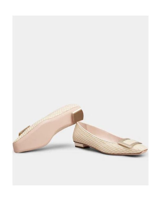 Roger Vivier Natural Belle Vivier Metal Buckle Piping Ballerinas