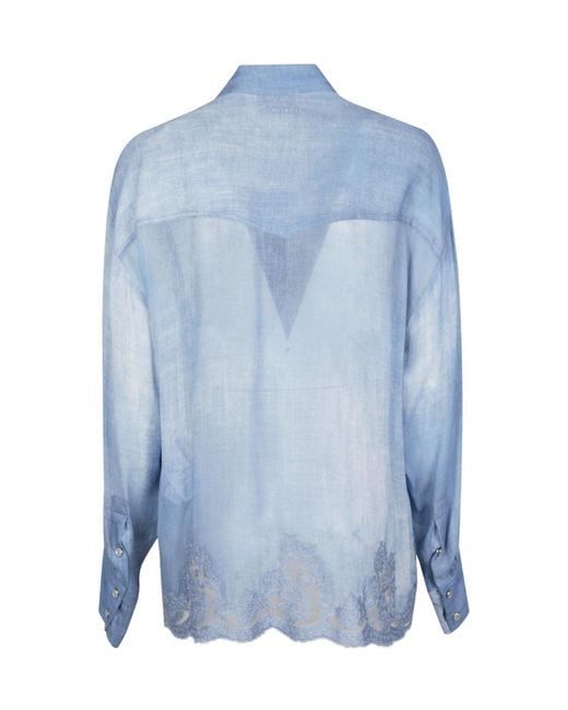 ERMANNO FIRENZE Blue Chest-Pocket Lace-Detail Shirt