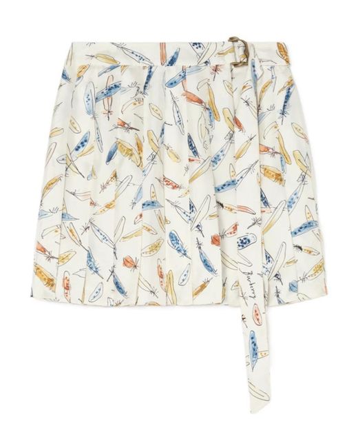 Burberry White Pleated Feather-Print Silk Mini Skirt
