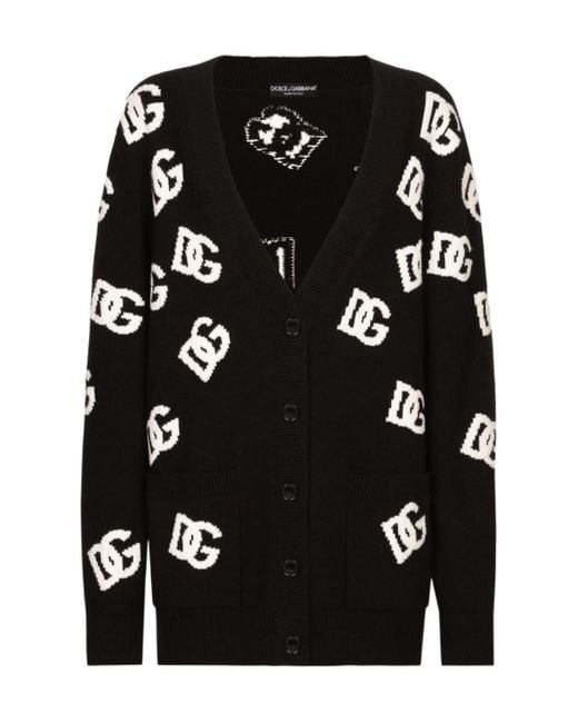 Dolce & Gabbana Black Jacquard Logo Virgin Wool V-Neck Cardigan