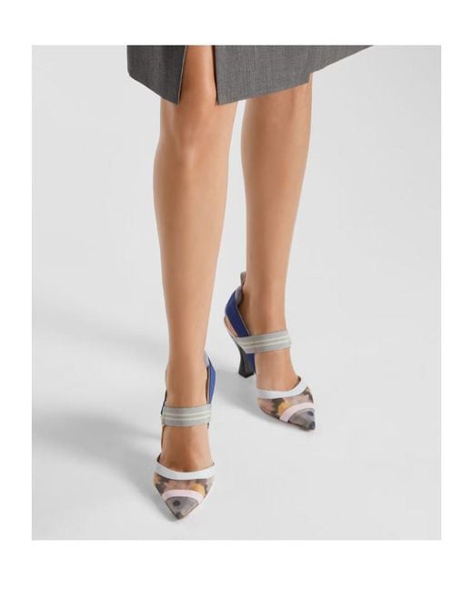 Fendi Blue Colibrì Mesh High-Heeled Slingback Pumps