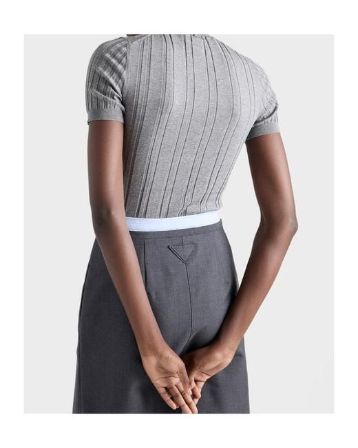 Prada Gray Short-Sleeved Ribbed Knit Cotton Sweater