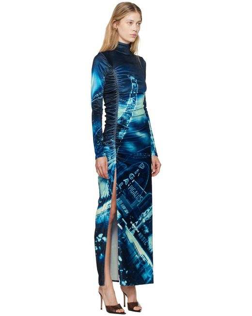 Jean Paul Gaultier Blue Pigalle Printed Gathered Velvet Dress