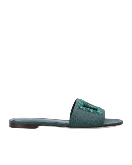 Dolce & Gabbana Green Logo Embellished Slides