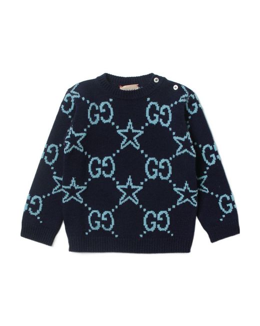 Gucci Blue Gg-Pattern Wool Jumper