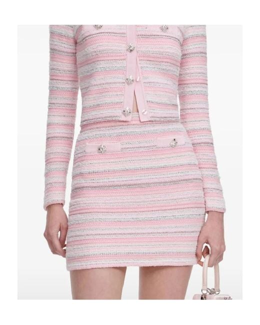 Self-Portrait Pink Striped Embellished-Detail Mini Skirt