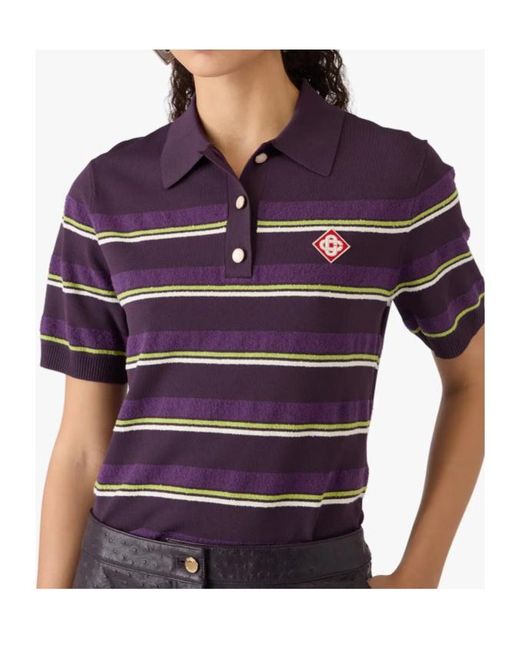 Casablanca Blue Striped Logo-Patch Polo Shirt