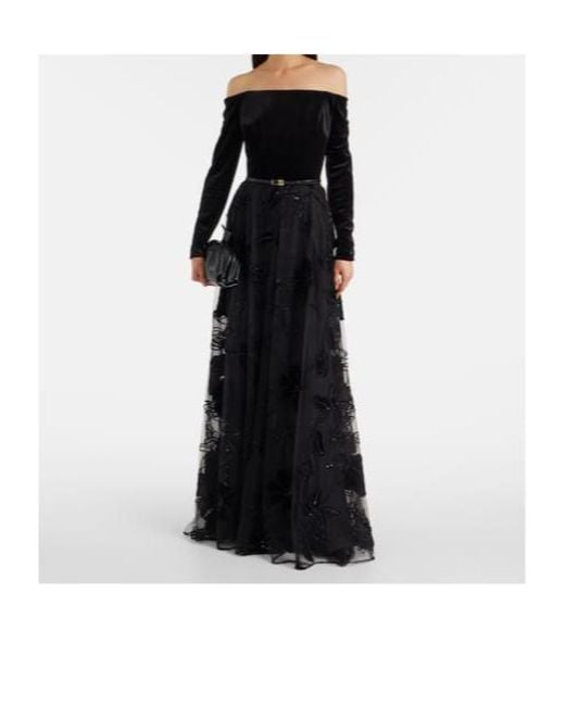 Elie Saab Black Embroidered Tulle And Velvet Gown