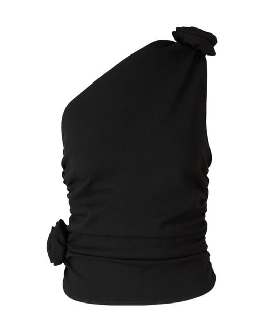 Magda Butrym Black Rose-Embellished One-Shoulder Top