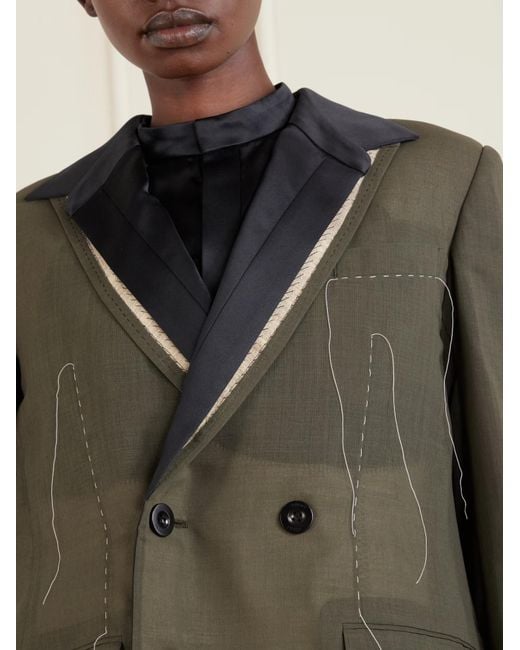 Sacai Green Double-Breasted Pleated Embroidered Suit Jacket
