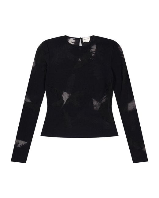 McQueen Blue Ink Print Long-Sleeve Cropped Top