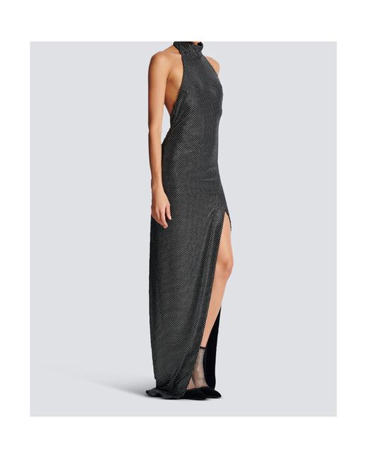 Balmain Blue Long Velvet Halterneck Dress With Rhinestones