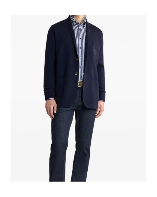 Etro Blue Single-Breasted Wool Jacket With Embroidered Logo for men