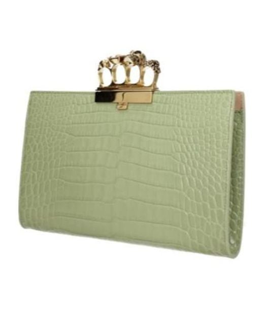 McQueen Green Knuckle Croc-Effect Clutch Bag