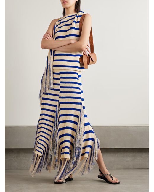 Proenza Schouler Blue Yves Asymmetrical Fringe Striped Midi Skirt