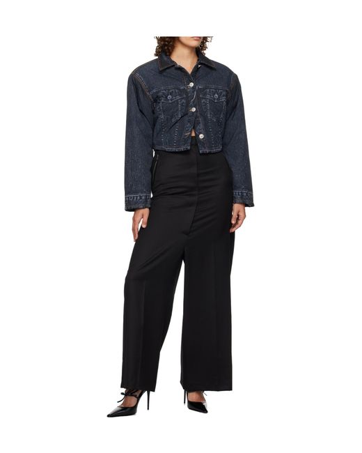 Pushbutton Black Side-Folded Wide-Leg Casual Pants