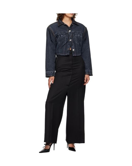 Pushbutton Black Side-Folded Wide-Leg Casual Pants