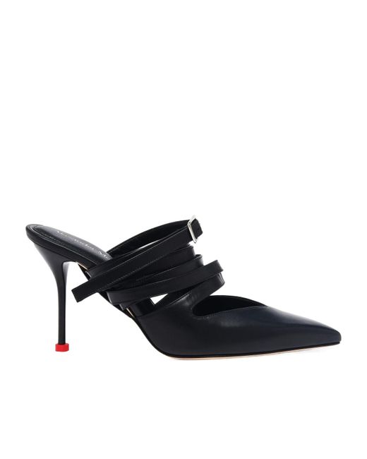 McQueen Black Strappy Pointed-Toe Mules