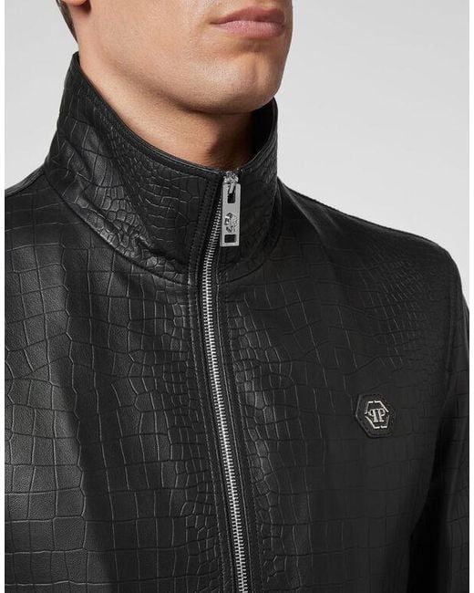 Philipp Plein Black Crocodile-Effect Leather Bomber Jacket for men