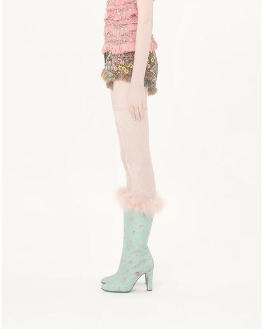 Valentino Natural Floral Patterned Fringed Hem Shorts