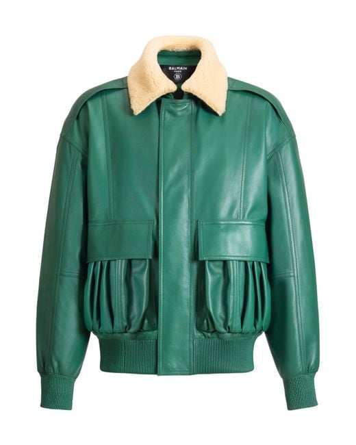 Balmain Green Shearling Leather Bomber Jacket for men
