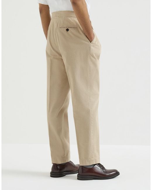 Brunello Cucinelli Natural Cotton Chevron Trousers With Double Pleats And Waist Tabs for men