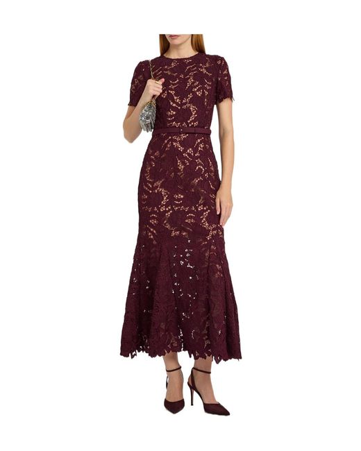 Self-Portrait Purple Belted Guipure Lace Midi Dress