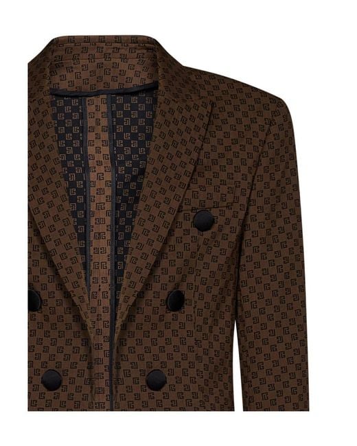 Balmain Brown Monogram-Jacquard Double-Breasted Blazer for men