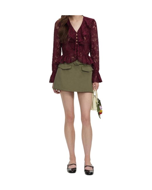 Self-Portrait Red Ruffled Lace-Overlay Top
