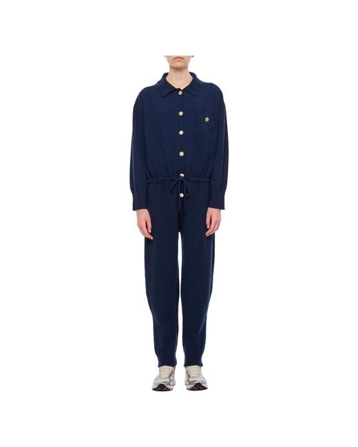 Barrie Blue Long-Sleeved Front-Button Jumpsuit