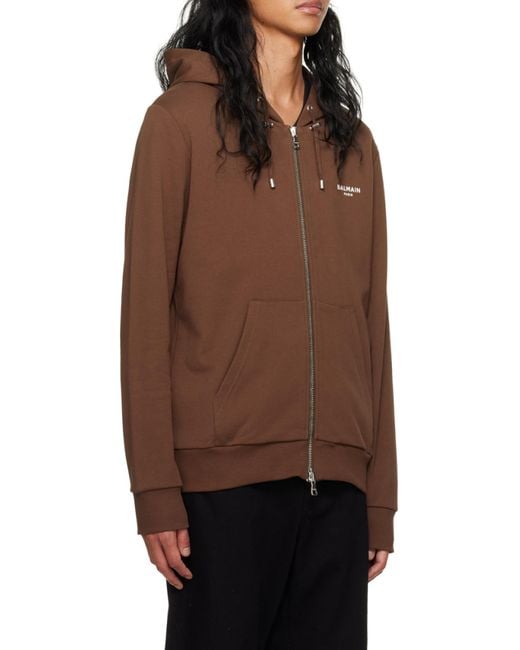 Balmain Brown Zipped Logo Printed Hoodie for men
