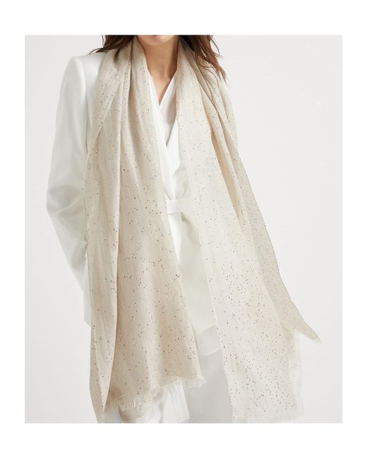 Brunello Cucinelli Natural Embellished Fringed-Edge Scarf