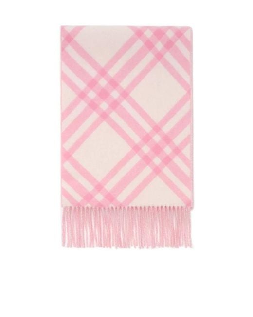 Burberry Pink Checked Fringed-Edge Scarf