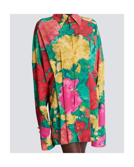 Balmain Multicolor Roses Printed Crepe Shirt Dress