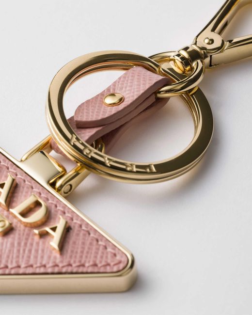 Prada White Saffiano Leather And Metal Keychain