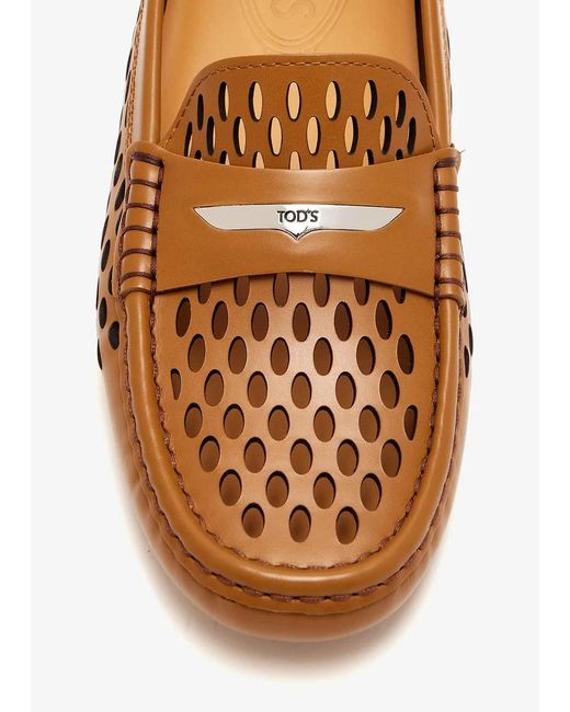 Tod's Brown Logo Engraved Perforated Loafers