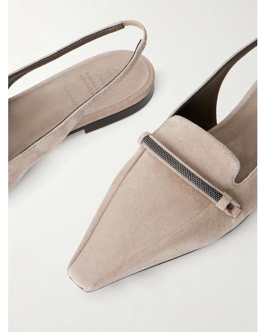 Brunello Cucinelli White Suede Pointed-Toe Slingback Flats